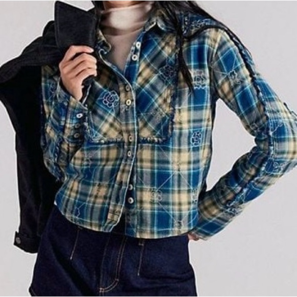 We the free Blue Plaid Button-Up Shirt